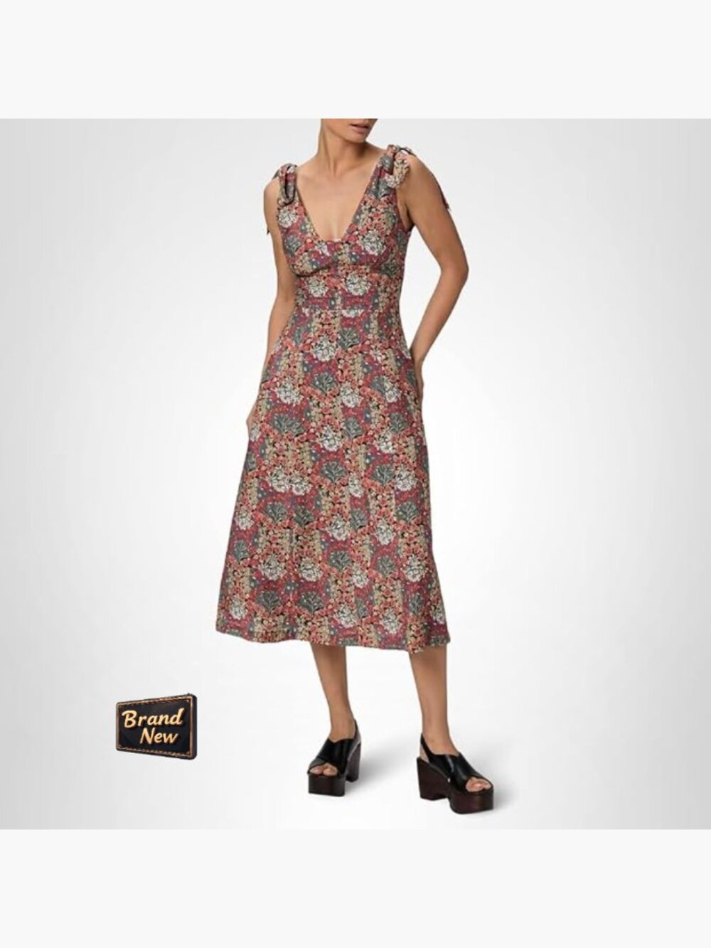 Floral Midi A-Line Dress Sleeveless Tie Straps Hidden Pockets